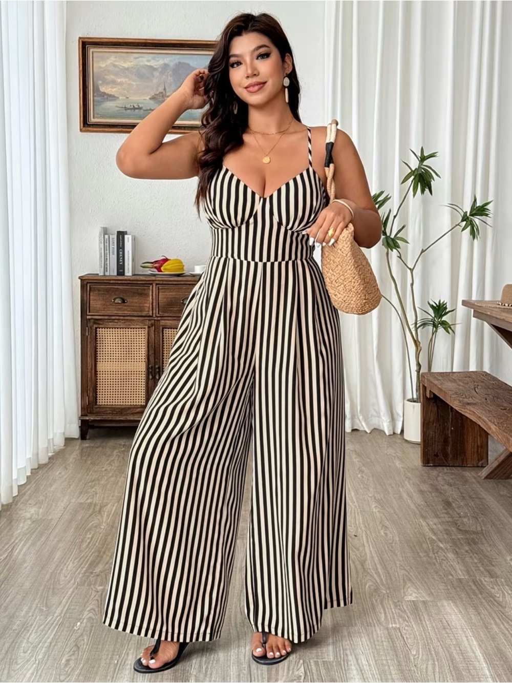 Black and Cream Striped Wide-Leg Bow Jumpsuit New Boutique - Picture 2 of 5